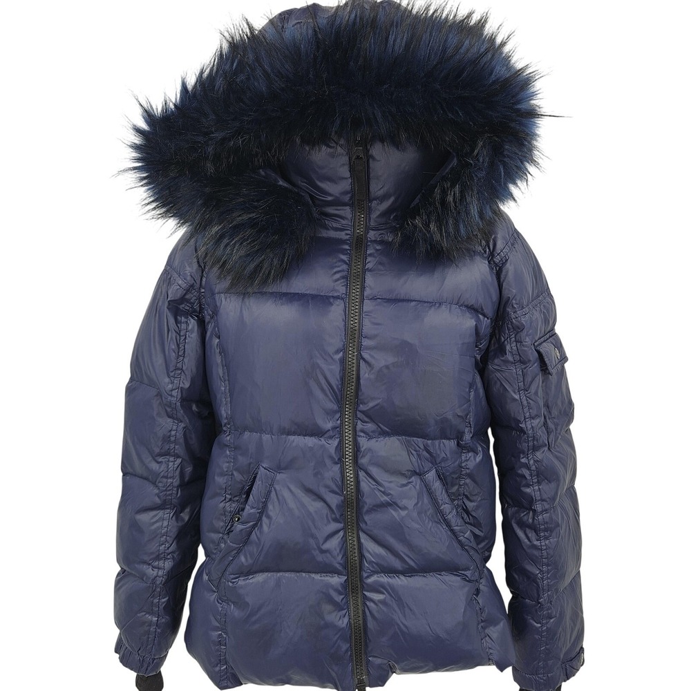 S13‎ New York Kylie Down Puffer Jacket Women S Navy Faux Fur Hood Winter Luxury